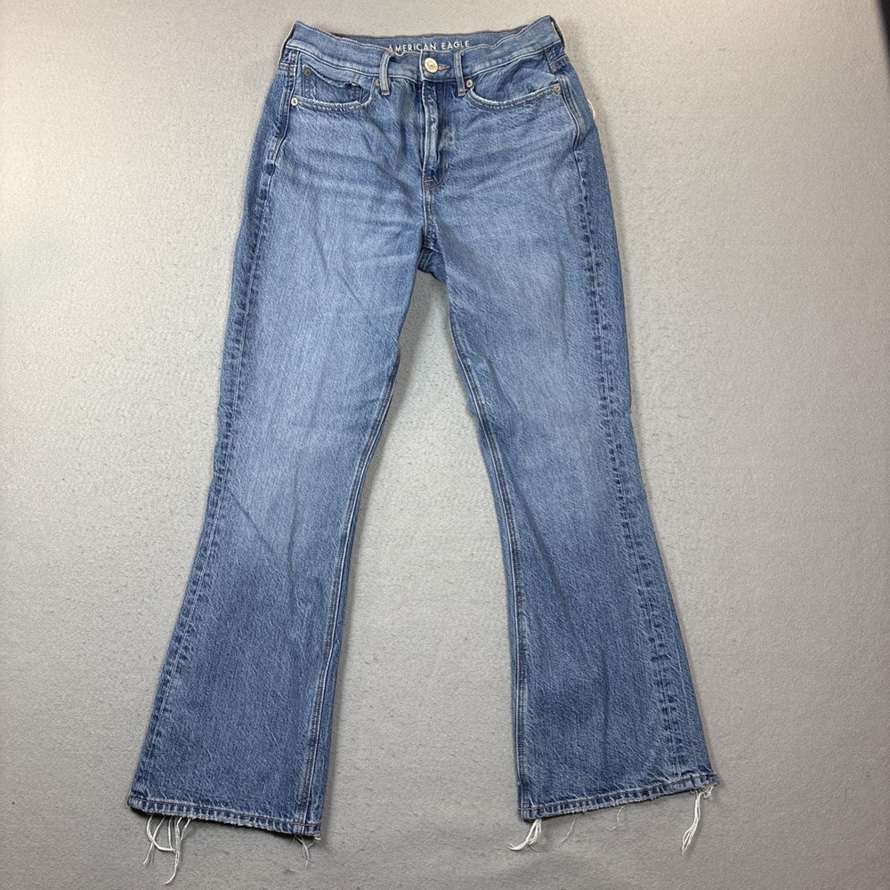 American Eagle 2R 90s Flare Blue Jeans Comfort Stretch Waistband Wear on cuffs